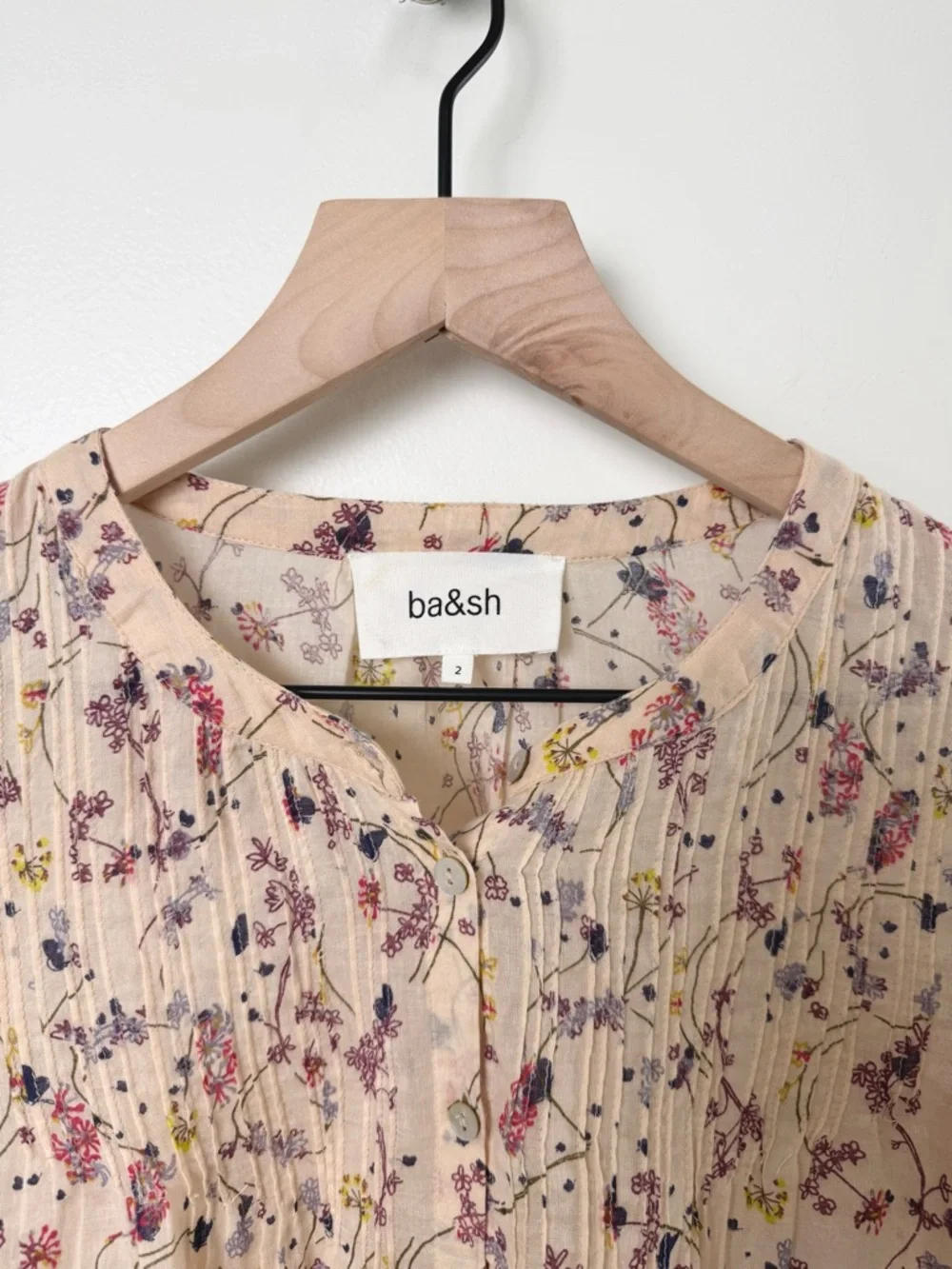 ba&sh Floral Blouse Pintuck Boho Top Short Sleeve Button Front Ivory Cotton 2 - Picture 2 of 8